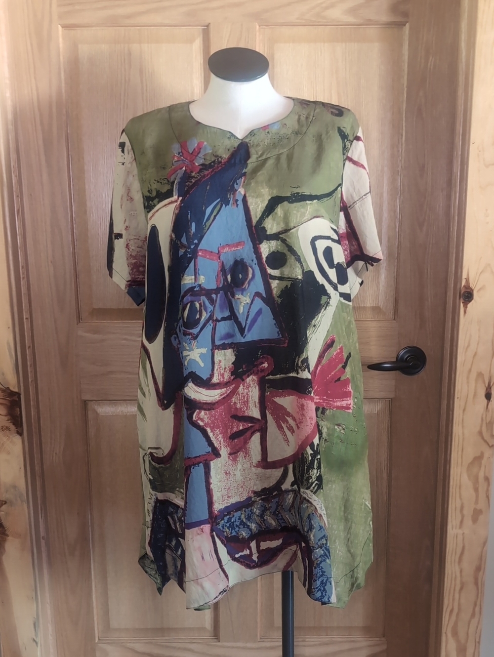 One Size Mordenmiss Abstract Print Olive Short Sleeve Art-to-Wear Dress
